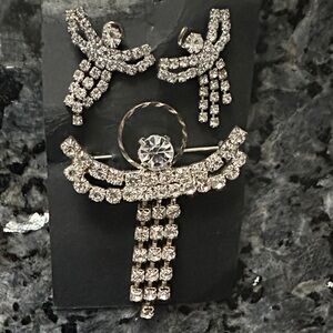 Crystal Rhinestone Silver-Tone Brooch and Earring Set